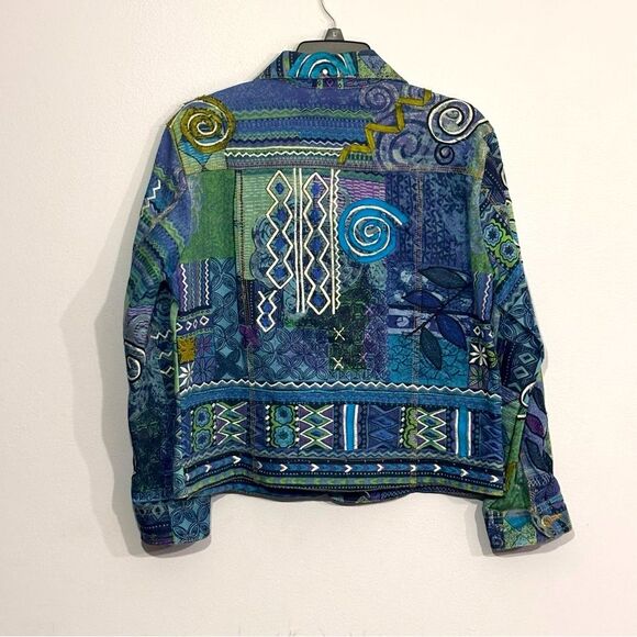 Chico’s | Women’s Mixed Artisan Blue Green Denim Jacket Coat - Picture 2 of 16